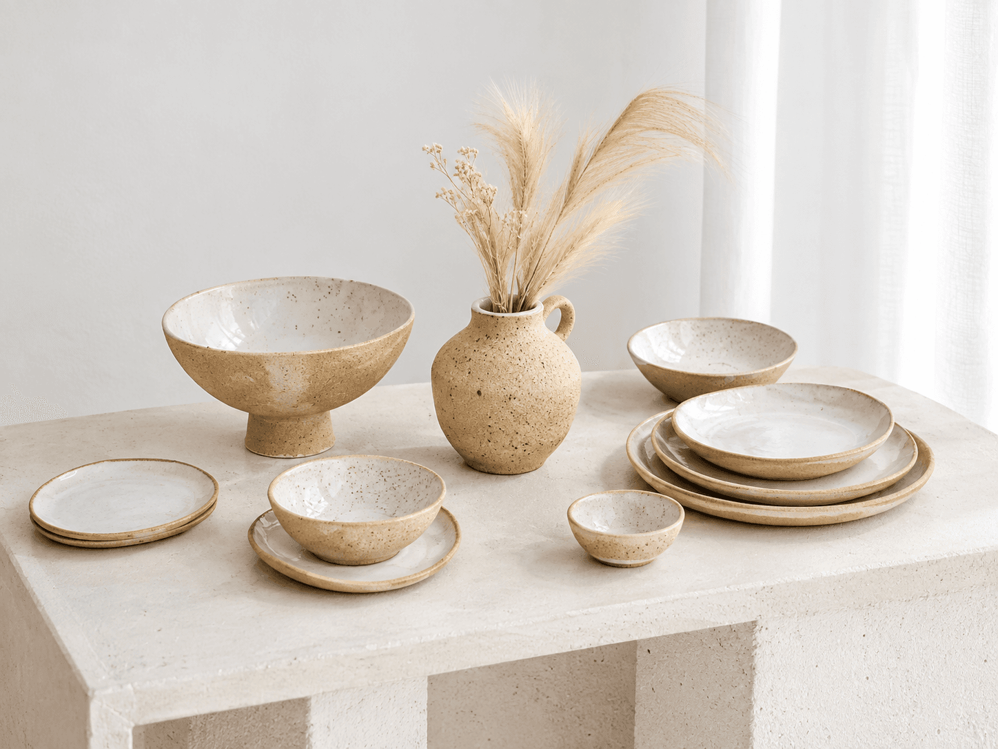 Pastel handmade ceramic vessels and tableware with flowers