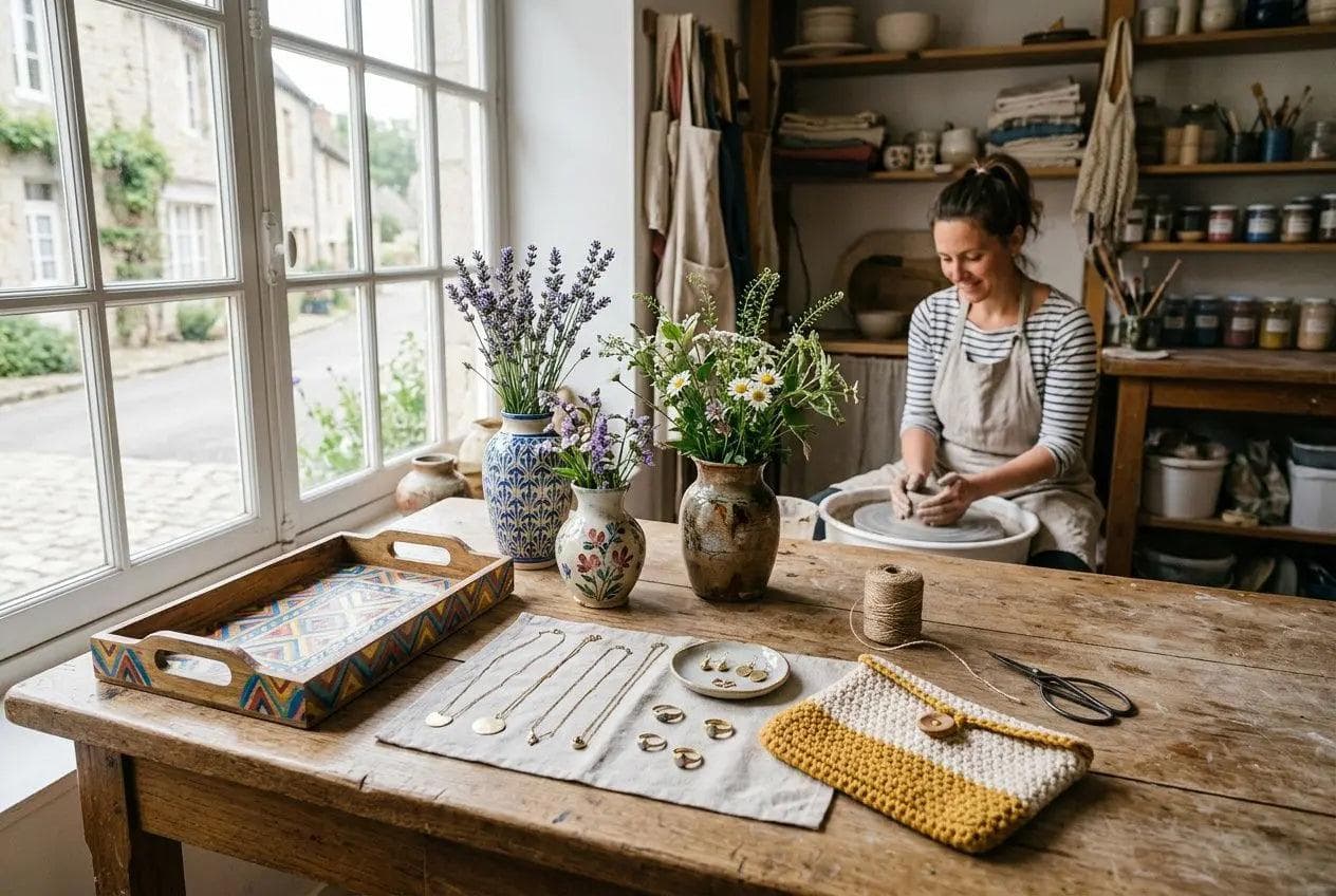 An independent artist arranging botanical prints at a studio table